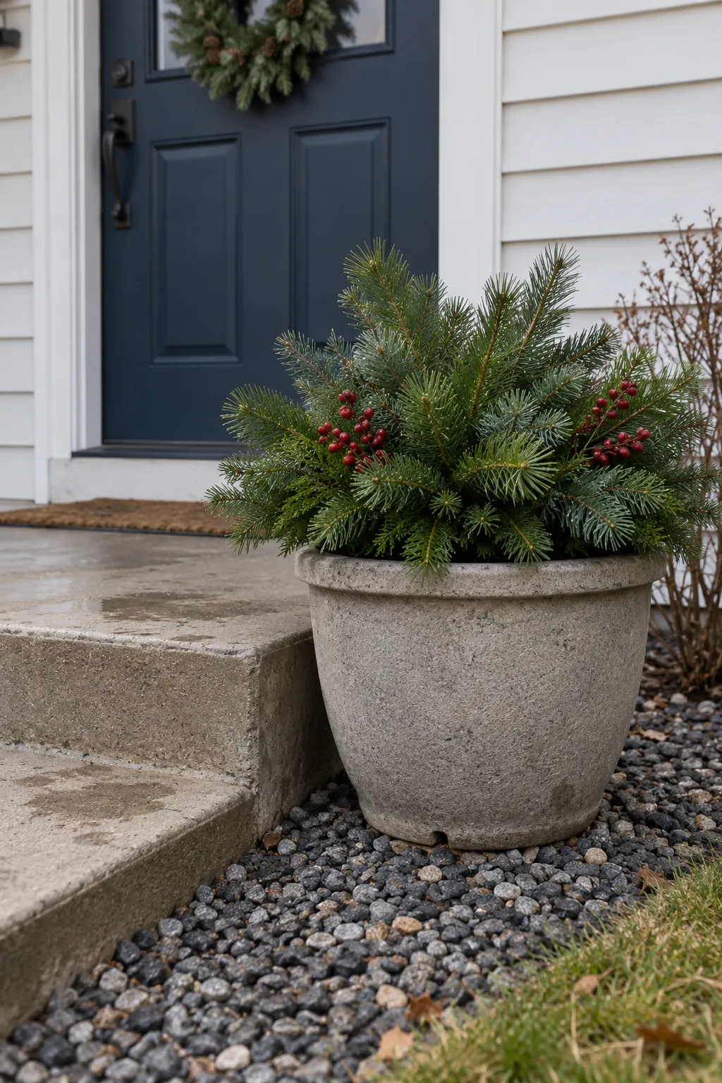 A single heavy planter beside the steps for a rain exposed Christmas entrance