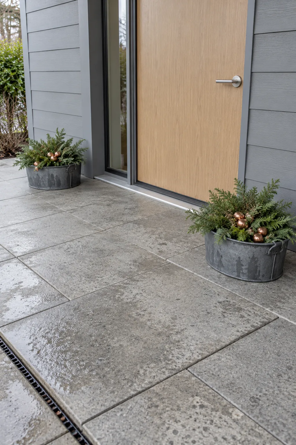 A low pair of evergreen pots for a rain exposed Christmas entrance