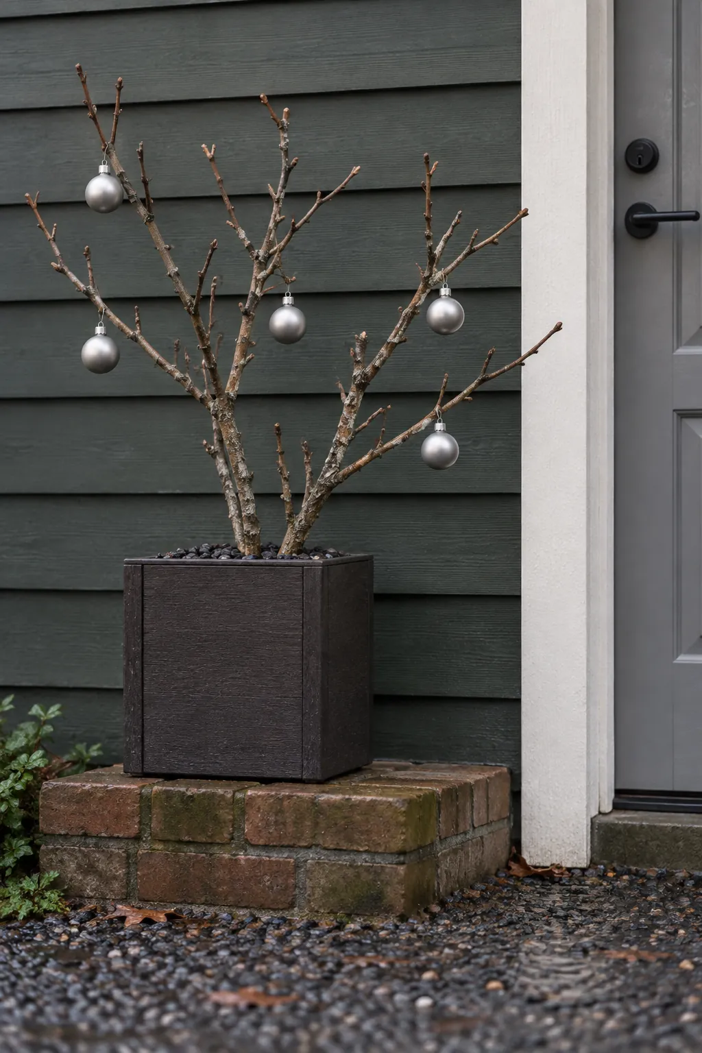 Bare branches with a few exterior ornaments for a rain exposed Christmas entrance