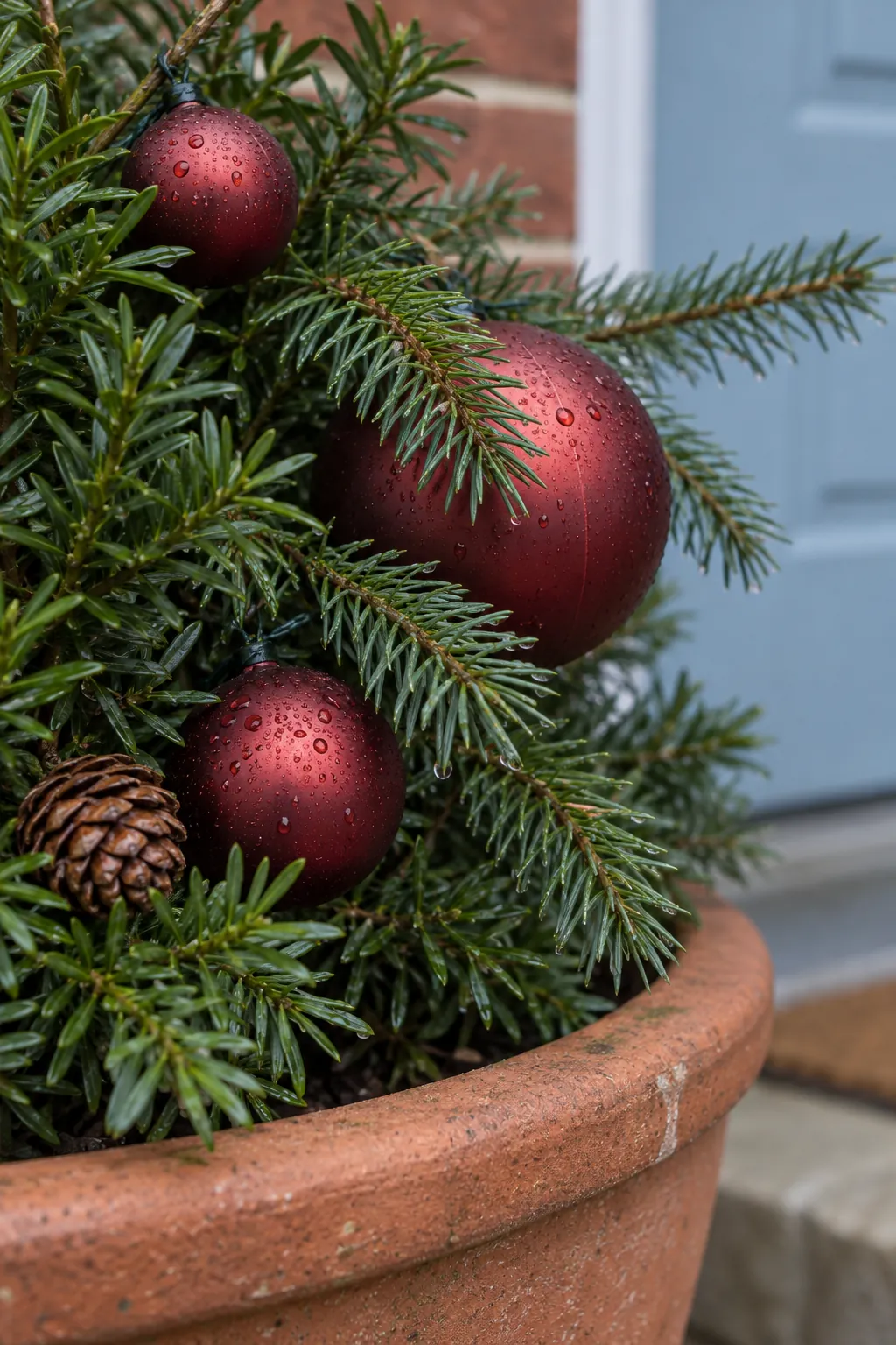 A deep red accent on evergreen stems for a rain exposed Christmas entrance