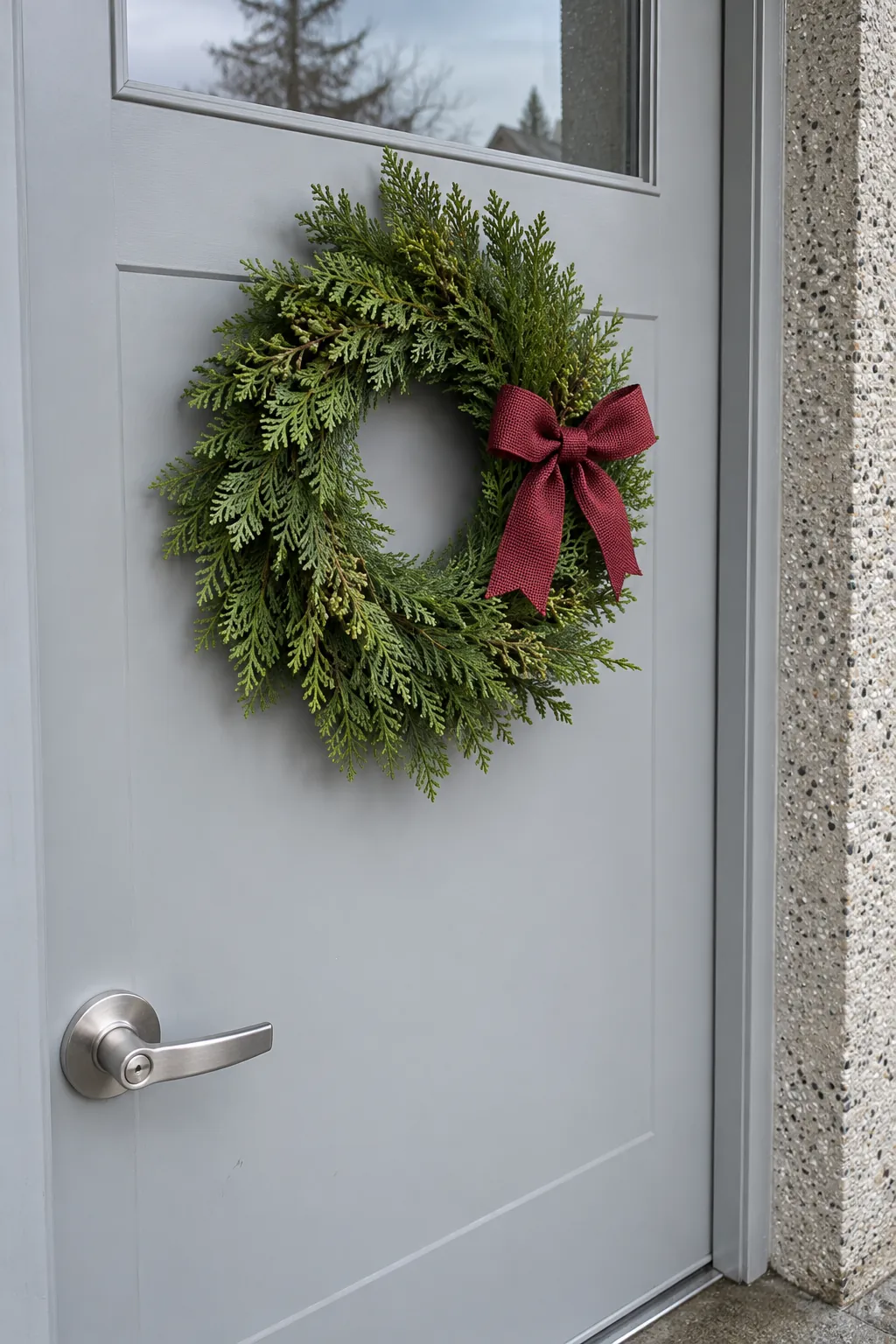 A ribbon detail you can remove before storms for a rain exposed Christmas entrance