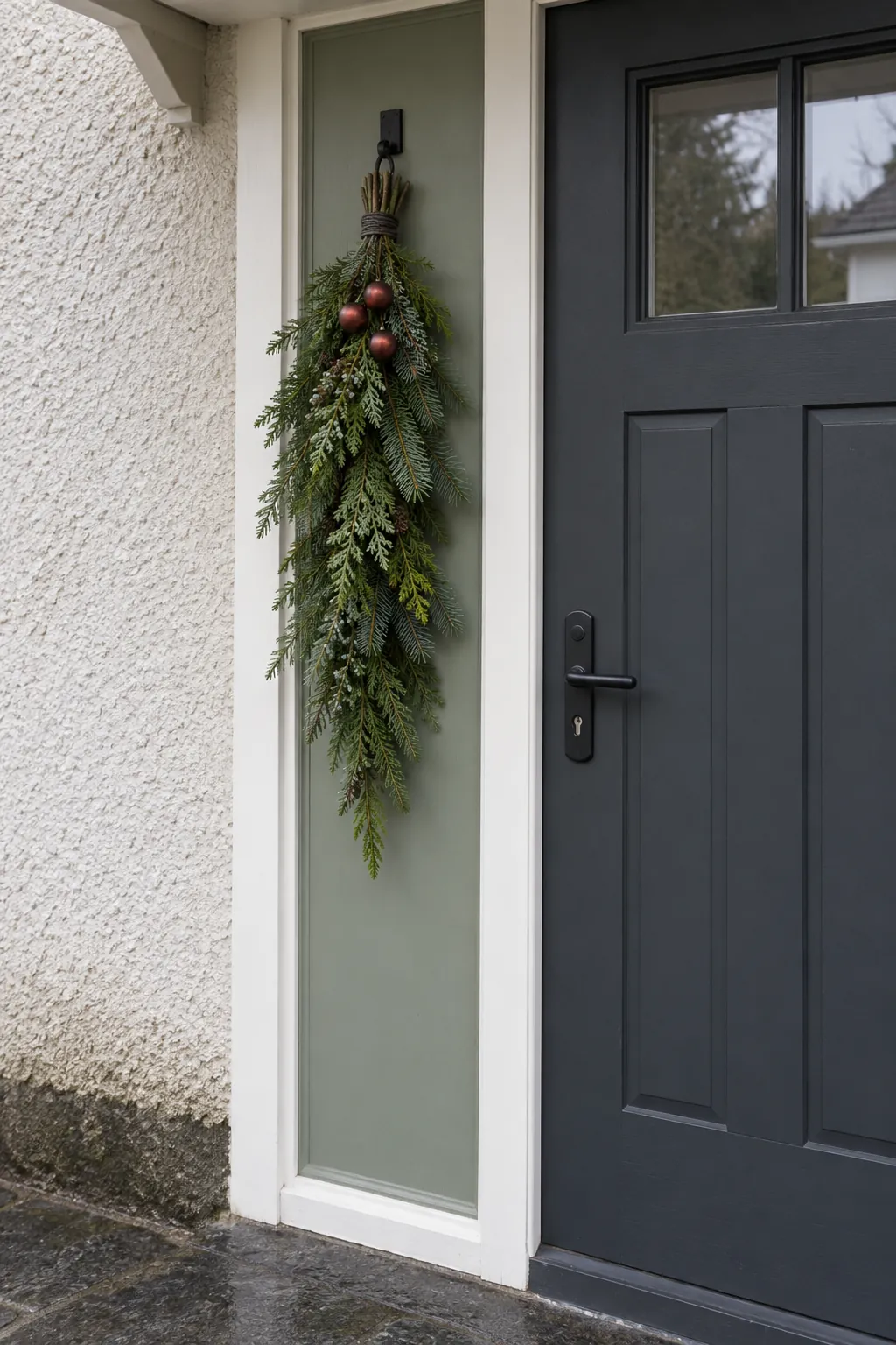 A small swag anchored to a side panel for a rain exposed Christmas entrance