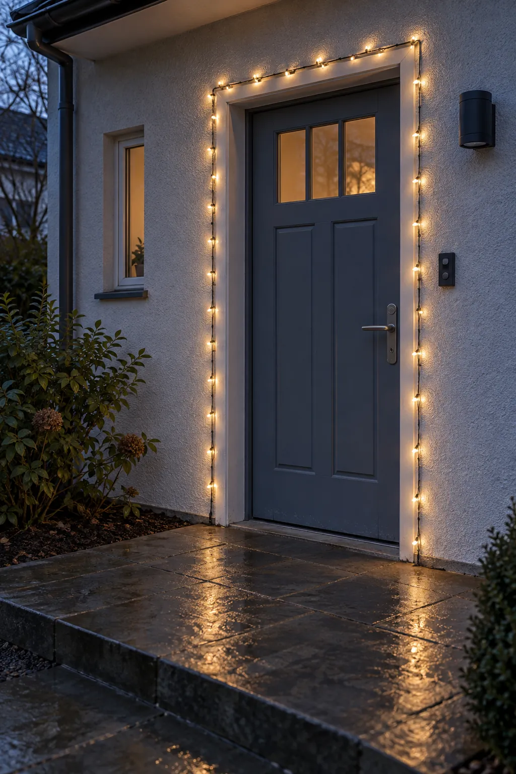 Outdoor lights kept within their rated limits for a rain exposed Christmas entrance