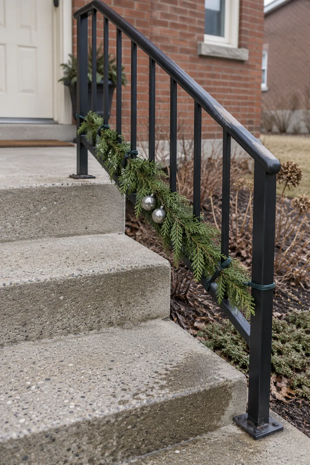 A short garland on a sheltered rail for a rain exposed Christmas entrance