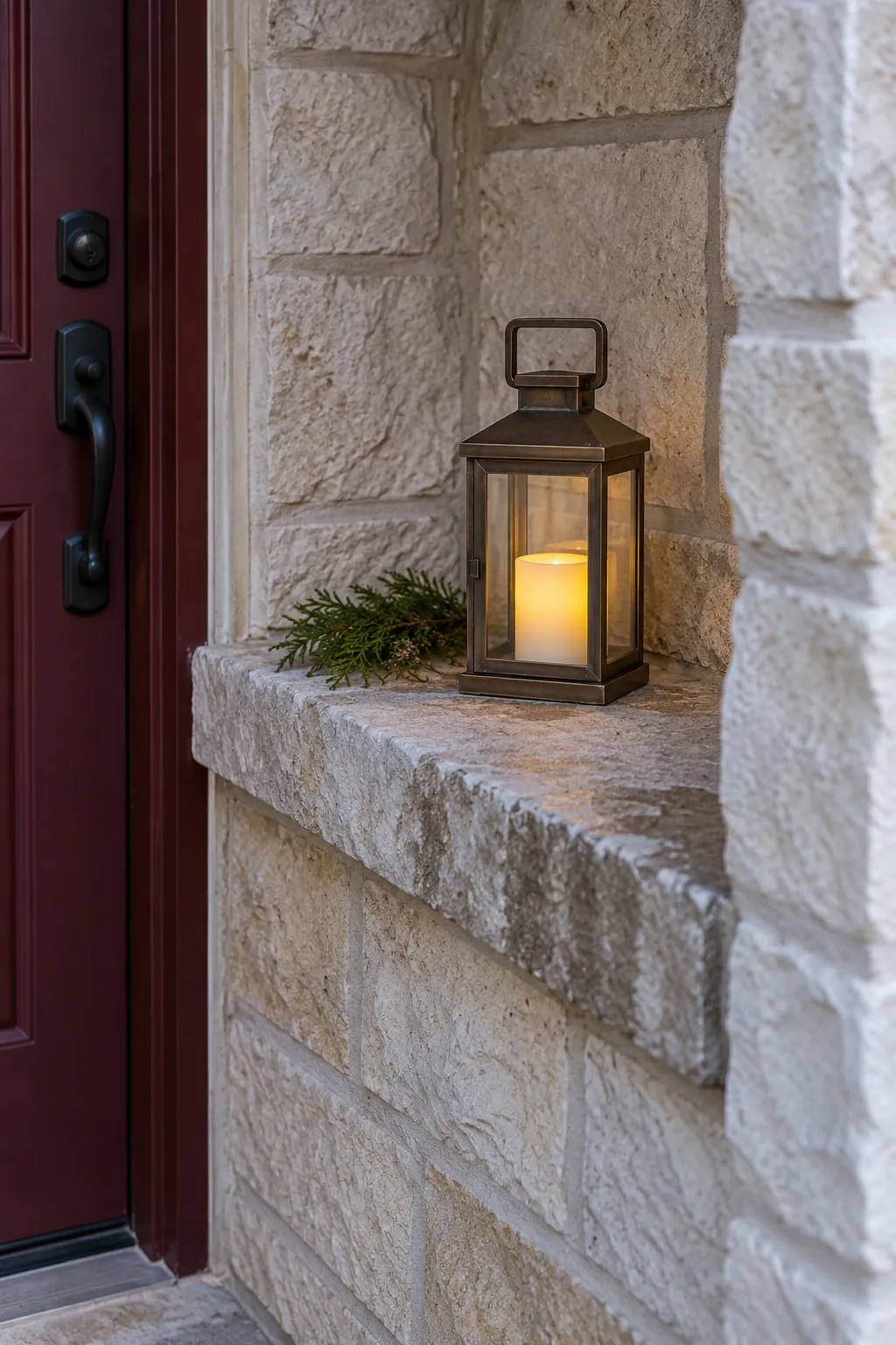 An elevated battery lantern in a dry position for a rain exposed Christmas entrance