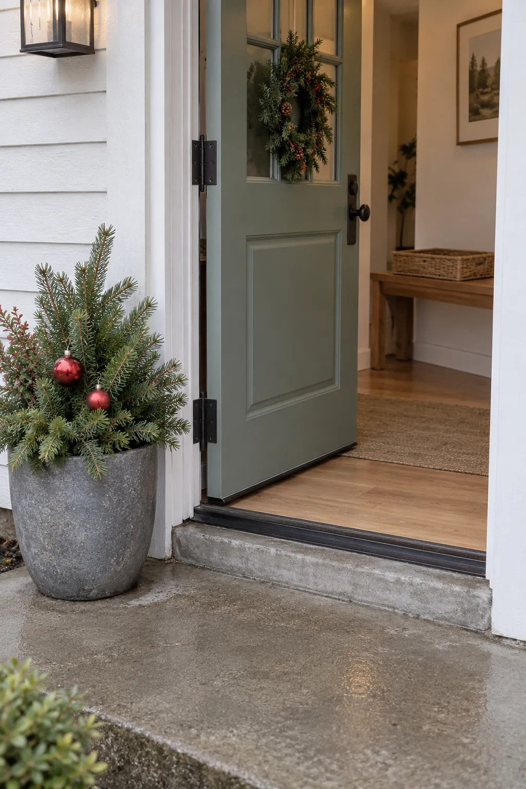 A small storm ready display for a rain exposed Christmas entrance