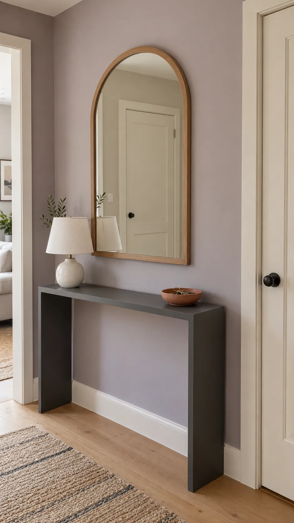 Existing oak framed mirror with refreshed entryway styling