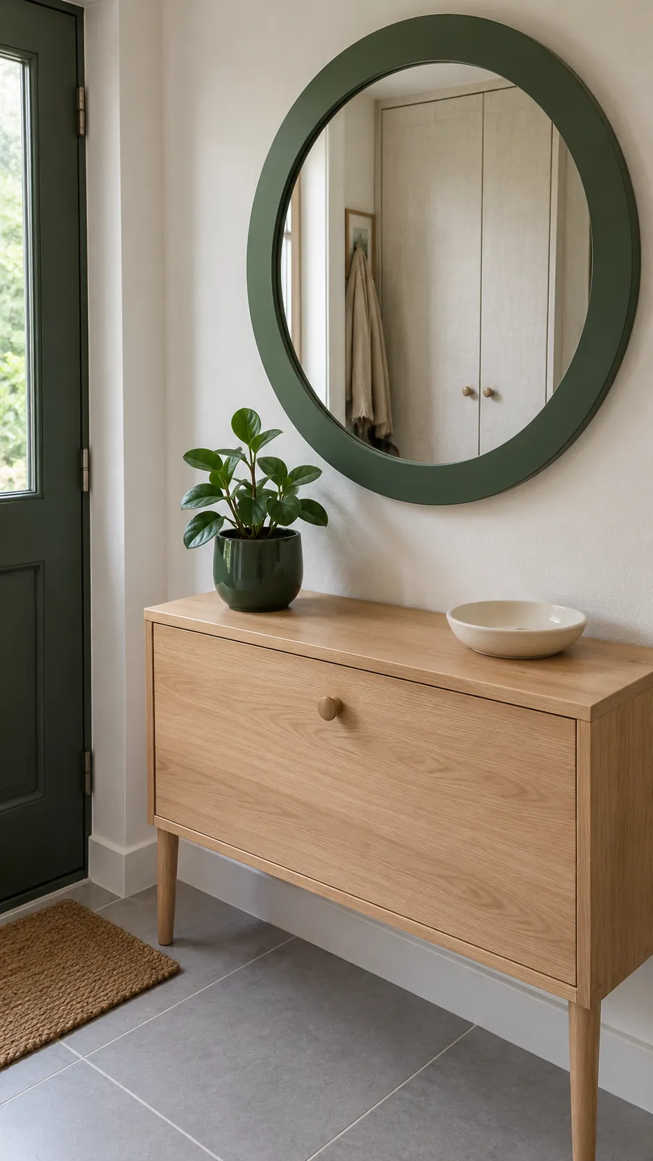 Use a muted green finish to connect nearby objects on an existing entryway mirror
