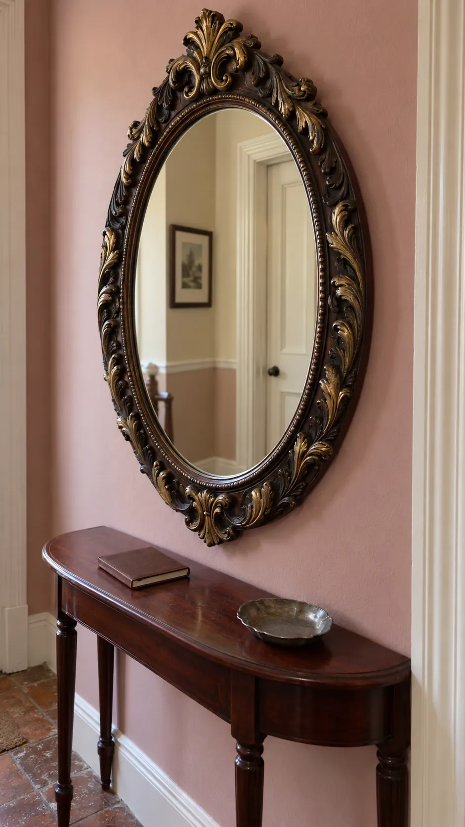 Add metallic wax to raised details on an existing entryway mirror
