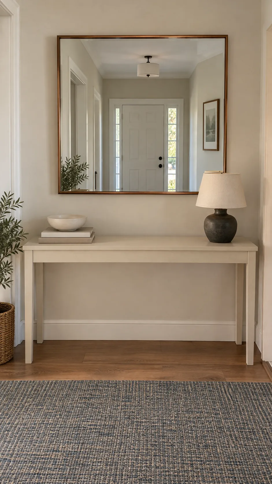 Center the console arrangement under the glass on an existing entryway mirror