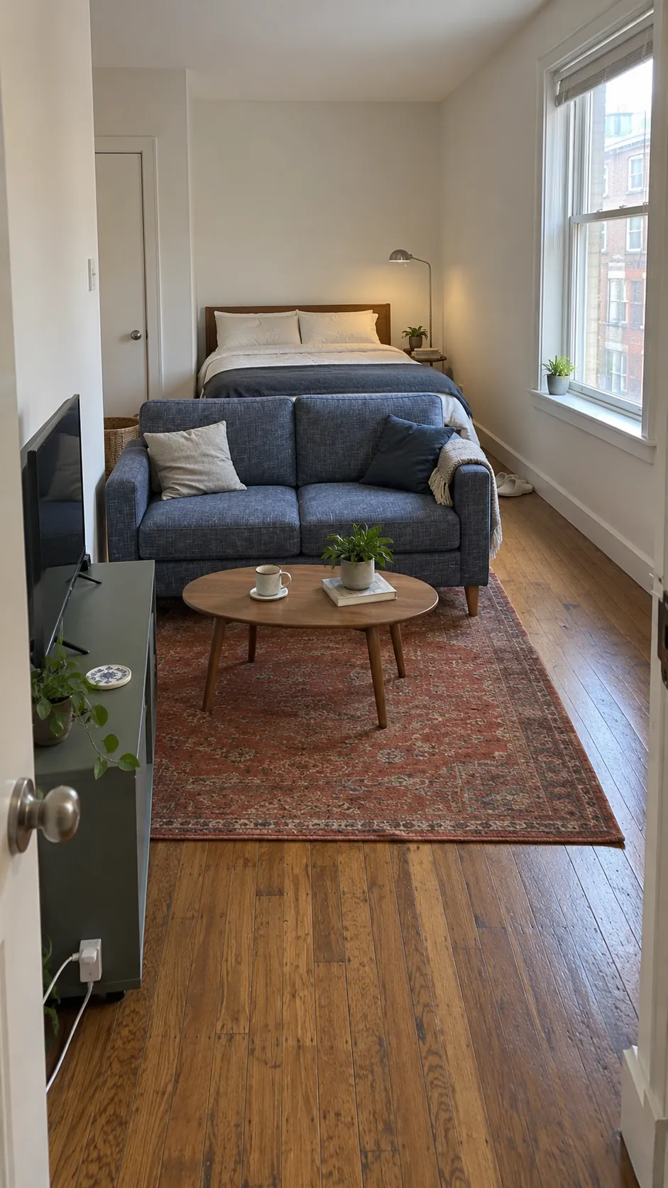 Studio apartment layout with sofa back facing the bed