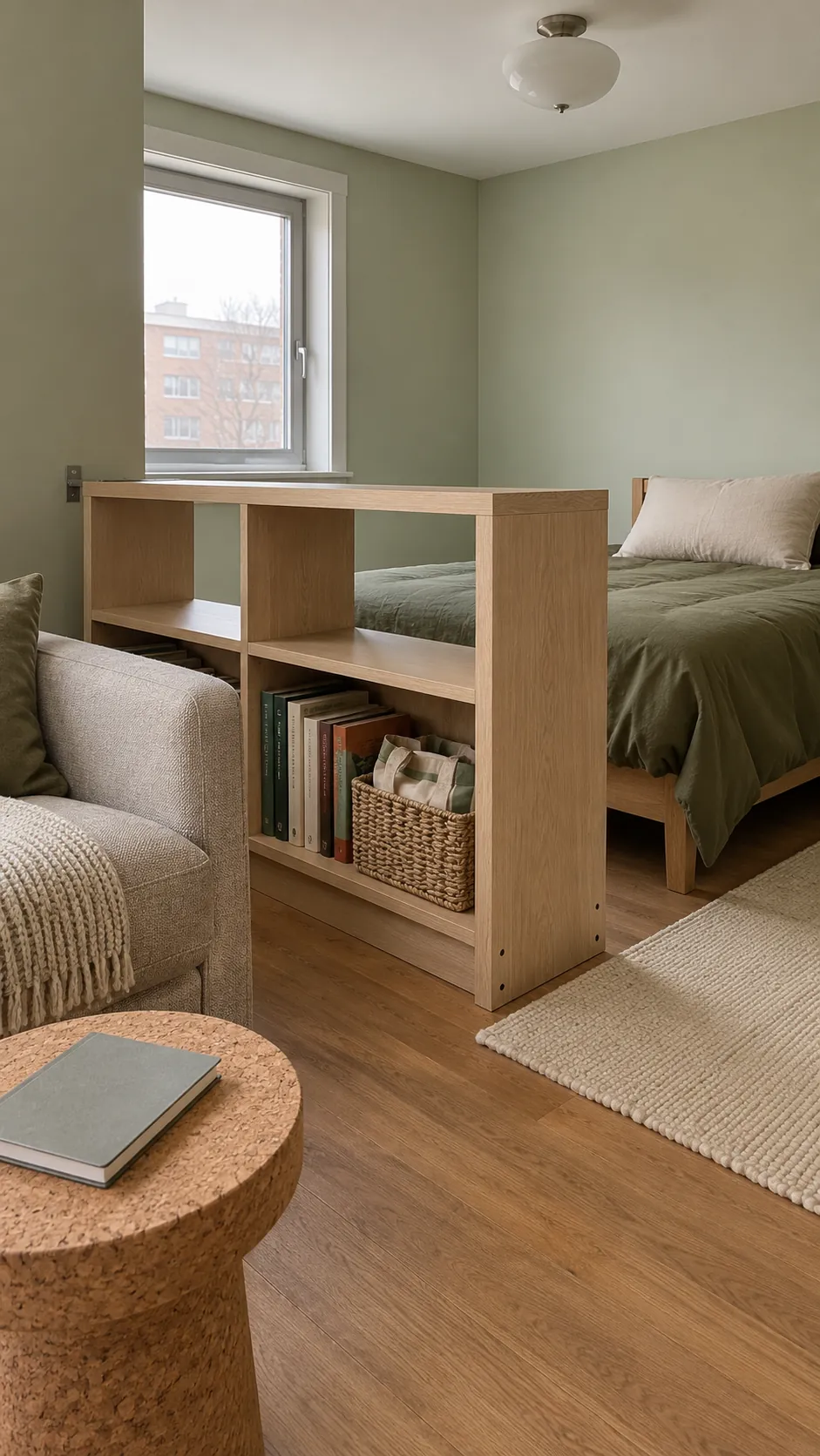 Studio apartment layout with low bookcase at the bed foot