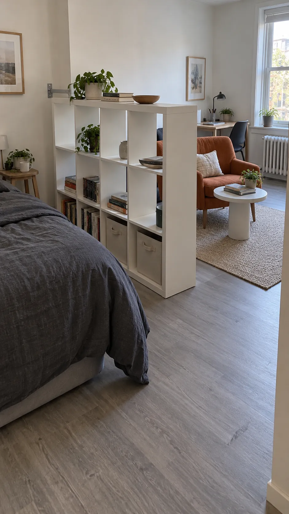 Studio apartment layout with open shelf beside the bed