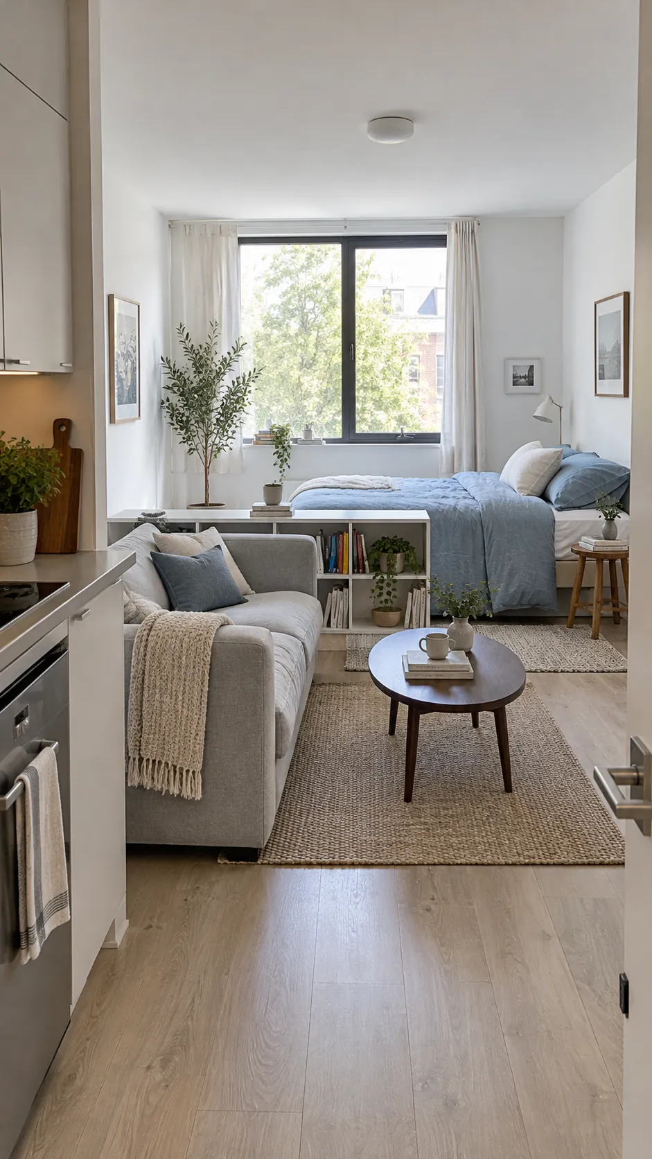 Studio apartment with distinct sleeping and living zones and an open walking route