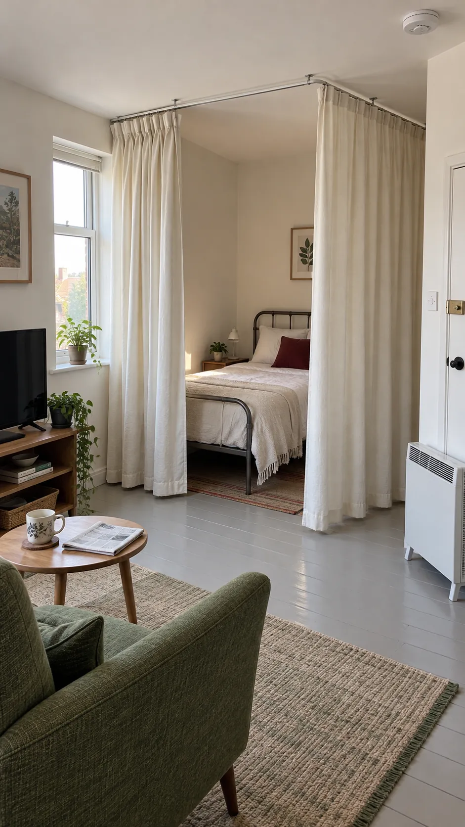 Studio apartment layout with curtain across a sleeping corner