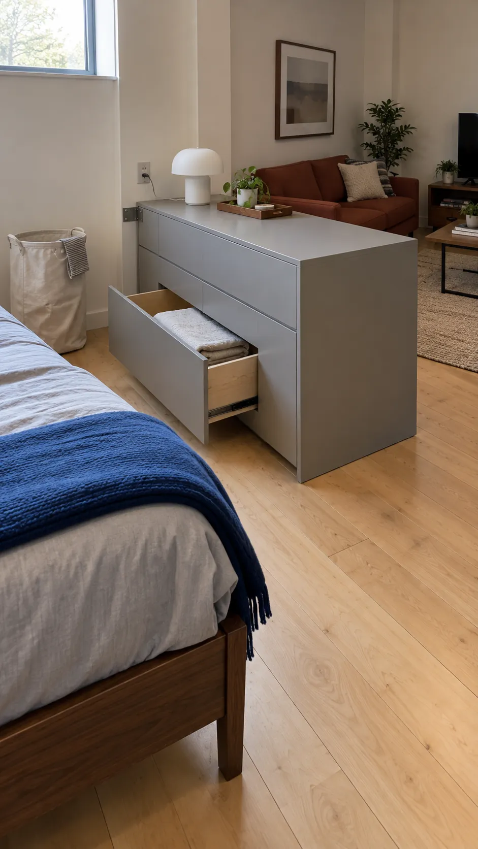 Studio apartment layout with dresser dividing two zones