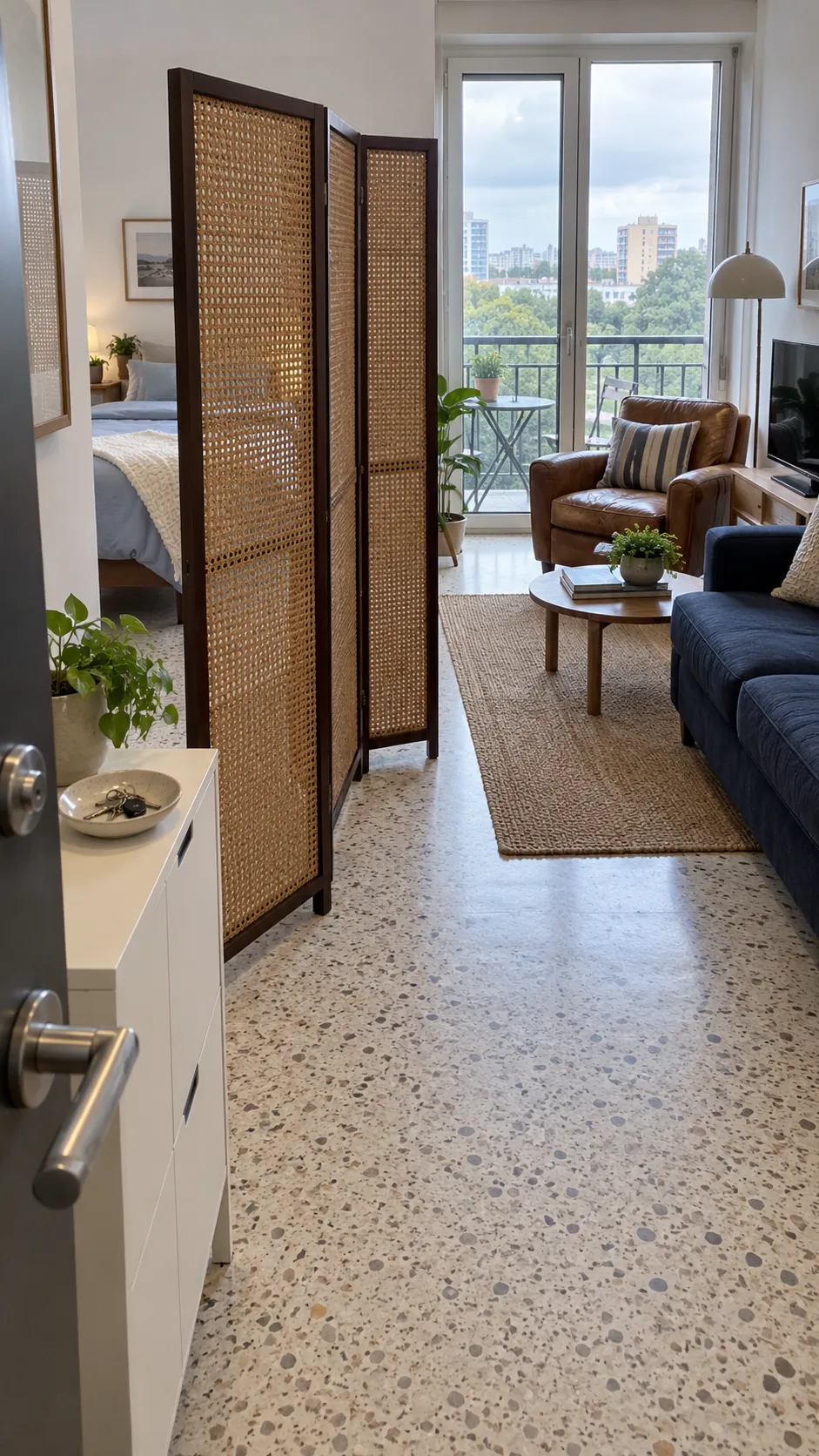Studio apartment layout with folding screen along the sightline