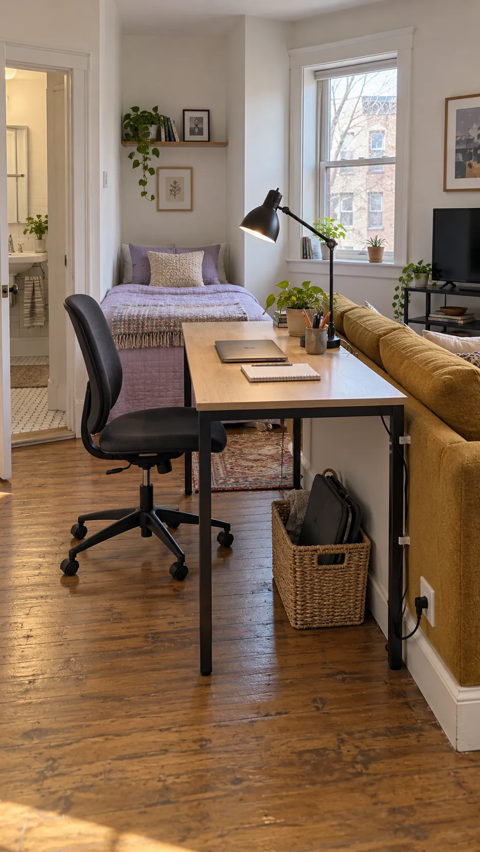 Studio apartment layout with desk between bed and sofa