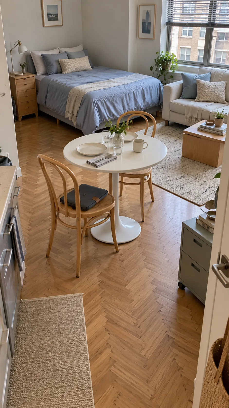 Studio apartment layout with dining table as a middle zone