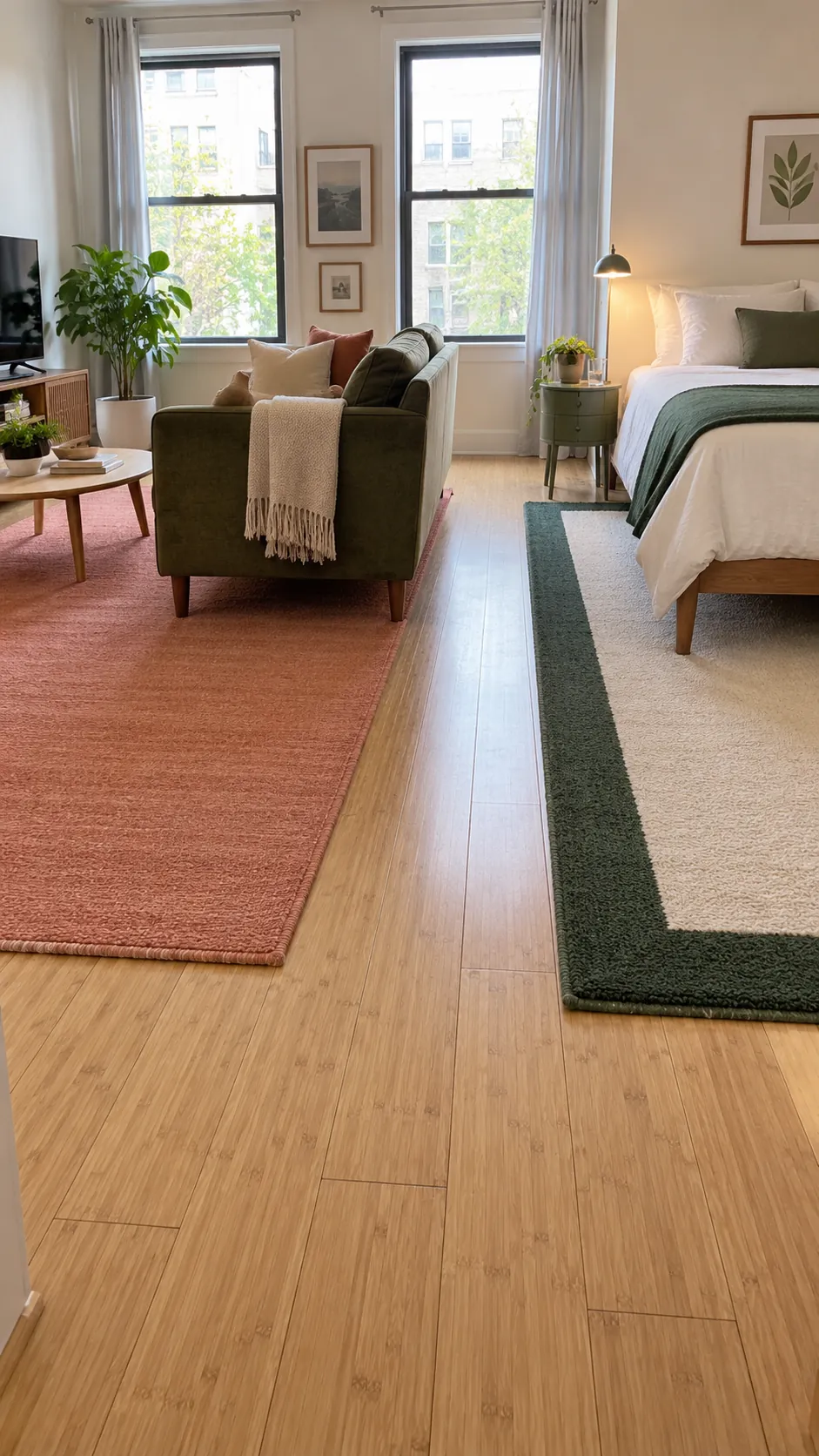 Studio apartment layout with two rugs defining separate rooms
