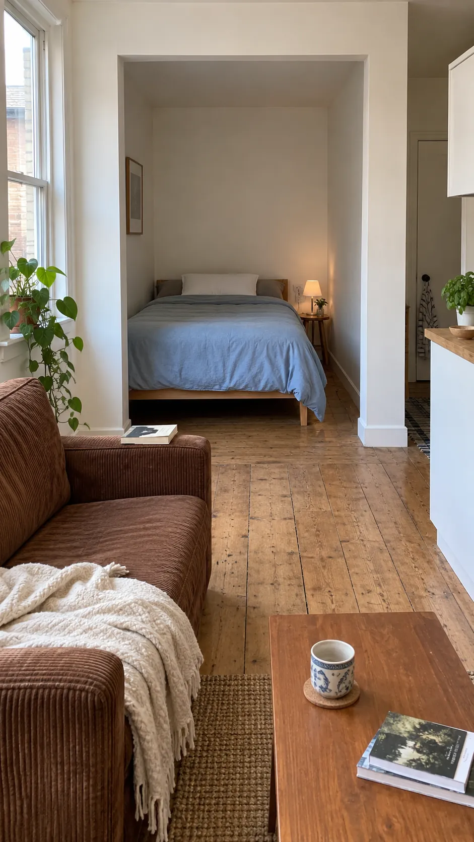 Studio apartment layout with bed in an existing alcove