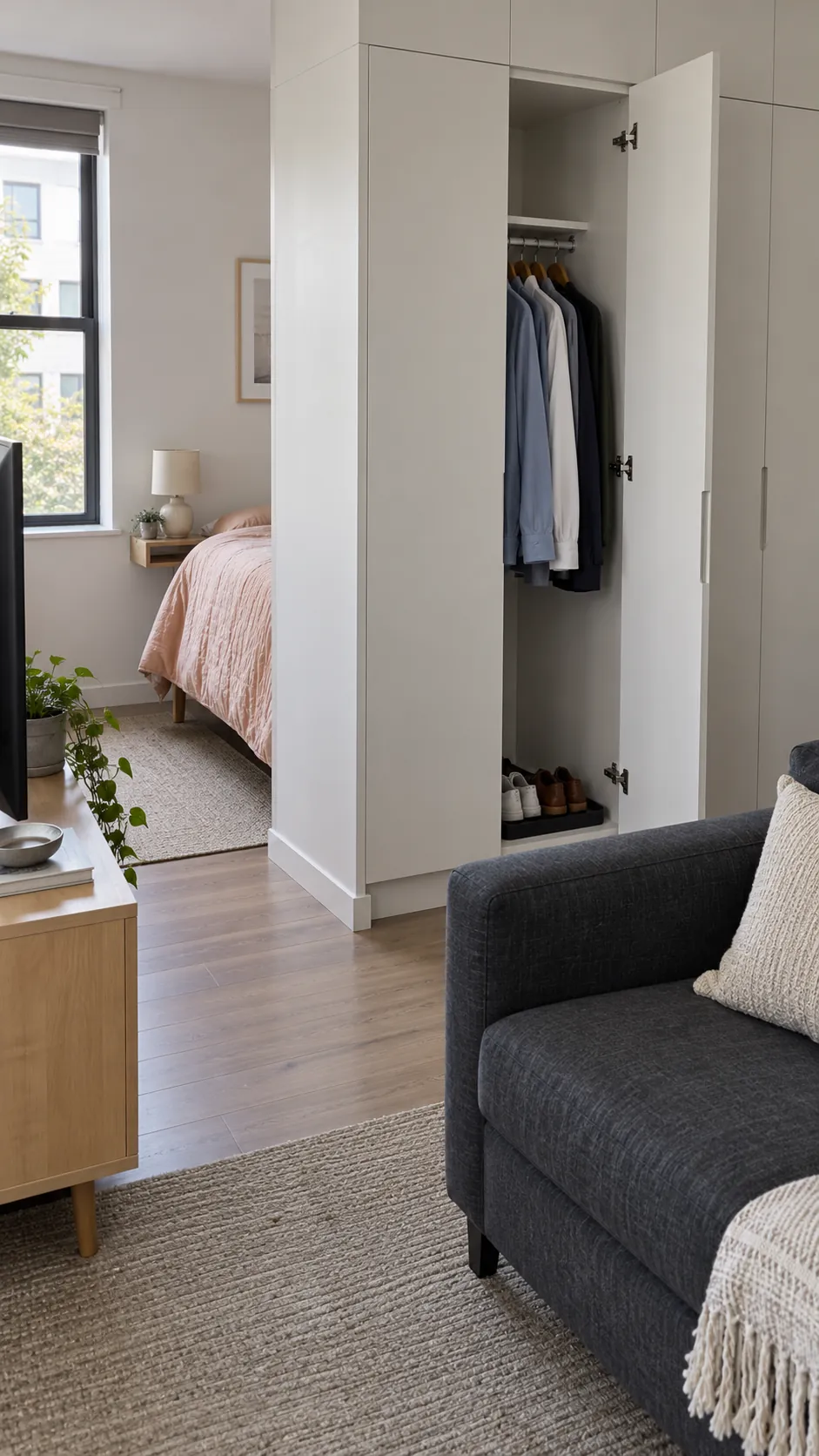 Studio apartment layout with wardrobe edge shielding the pillow
