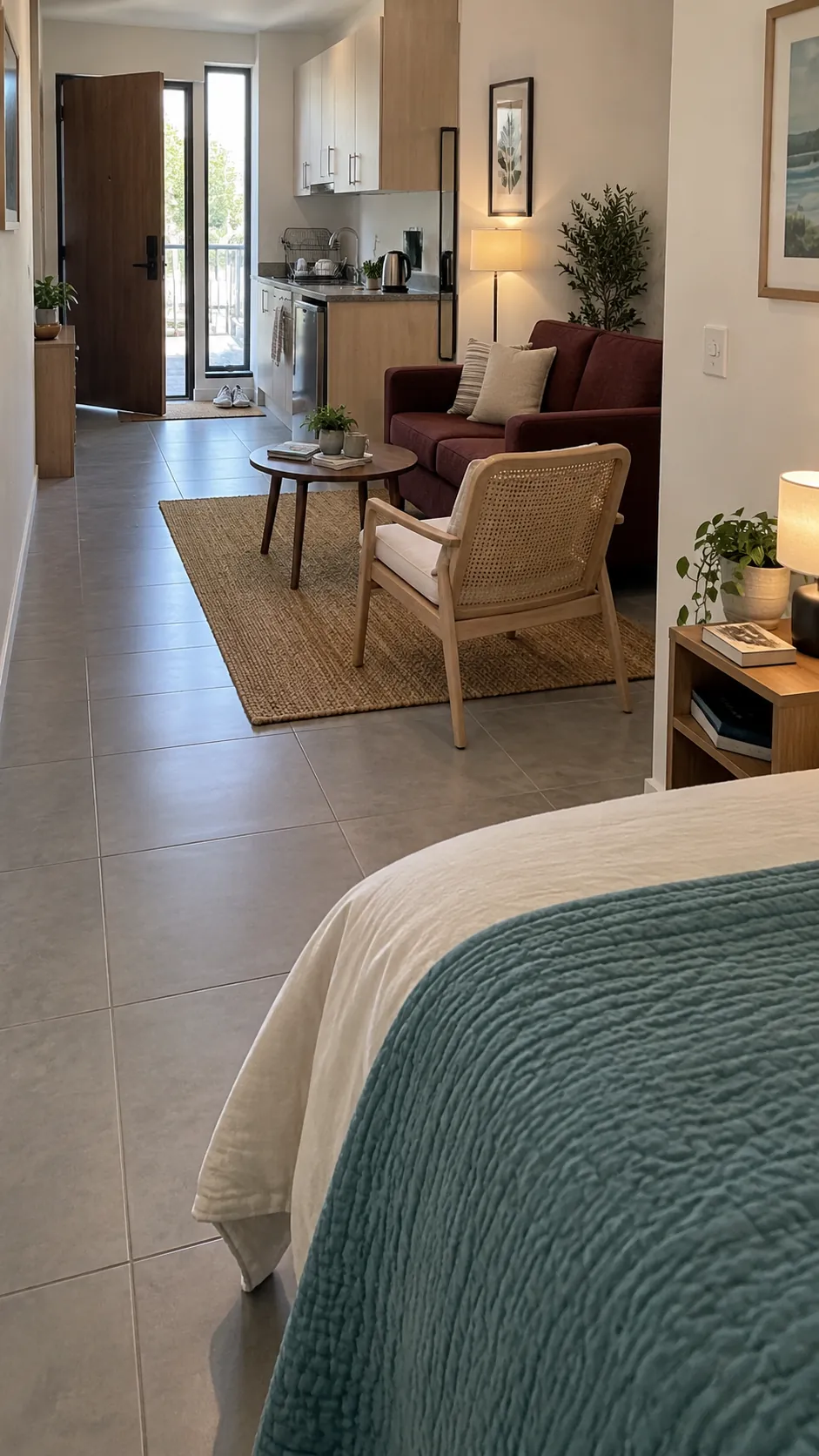Studio apartment layout with bed on the quiet rear wall