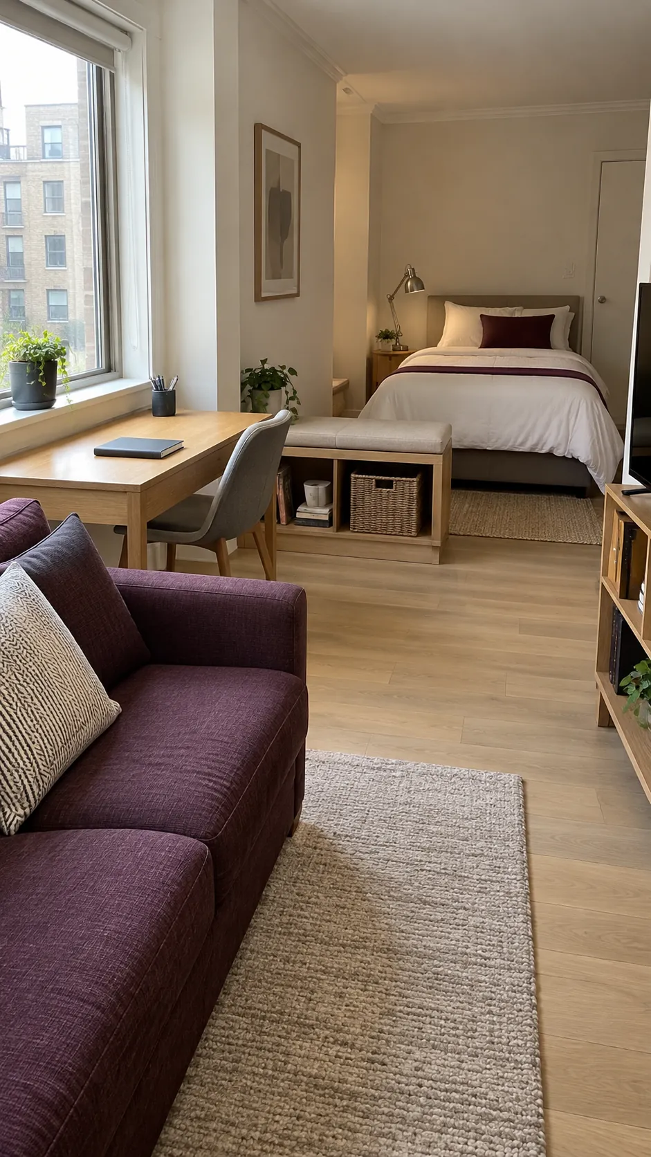 Studio apartment layout with living area at the only window