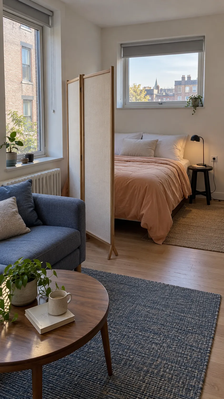 Studio apartment layout with bed beside a second window