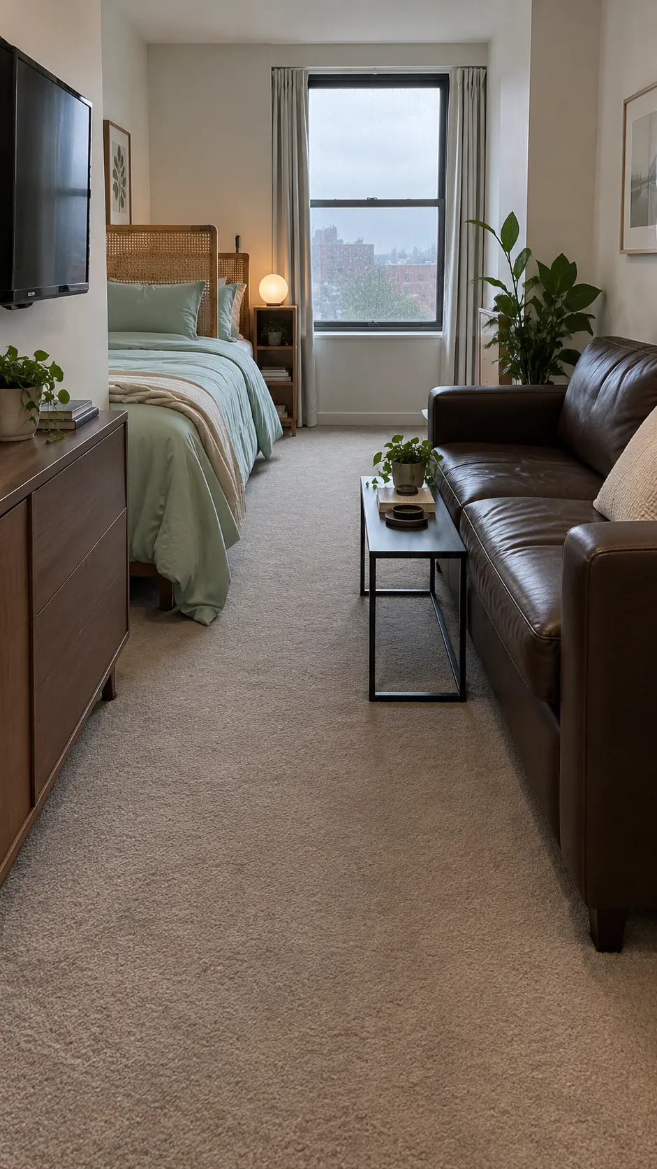 Studio apartment layout with parallel zones in a long studio