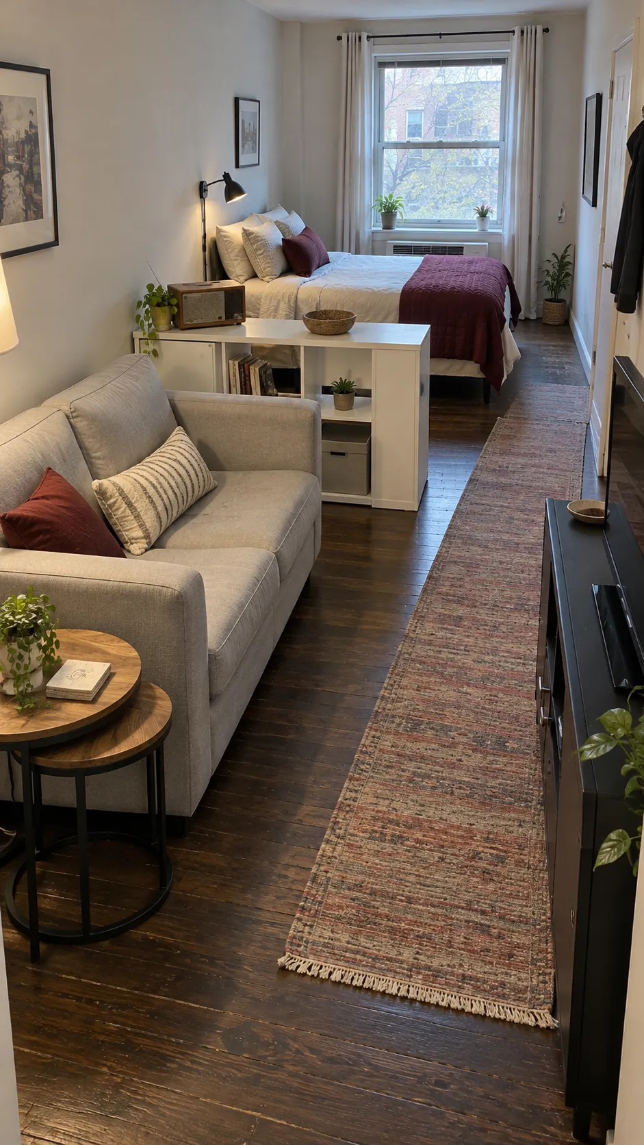 Studio apartment layout with end to end zones in a narrow room