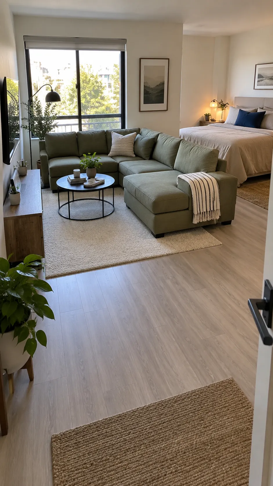 Studio apartment layout with l shaped sofa boundary