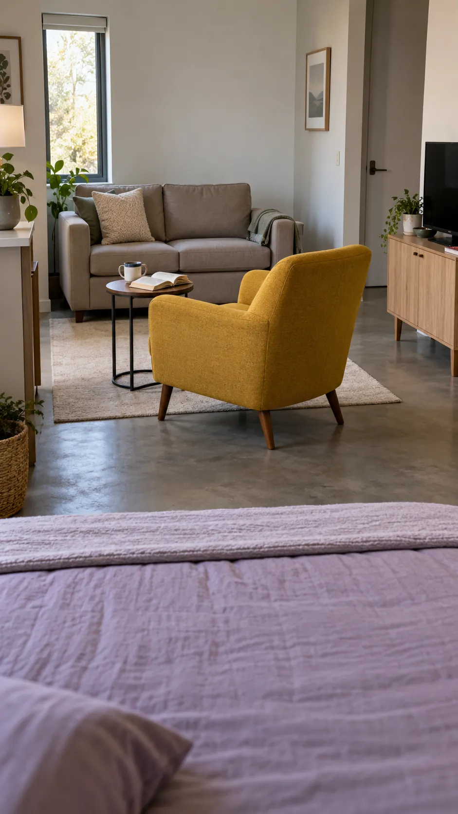 Studio apartment layout with armchair turning away from sleep