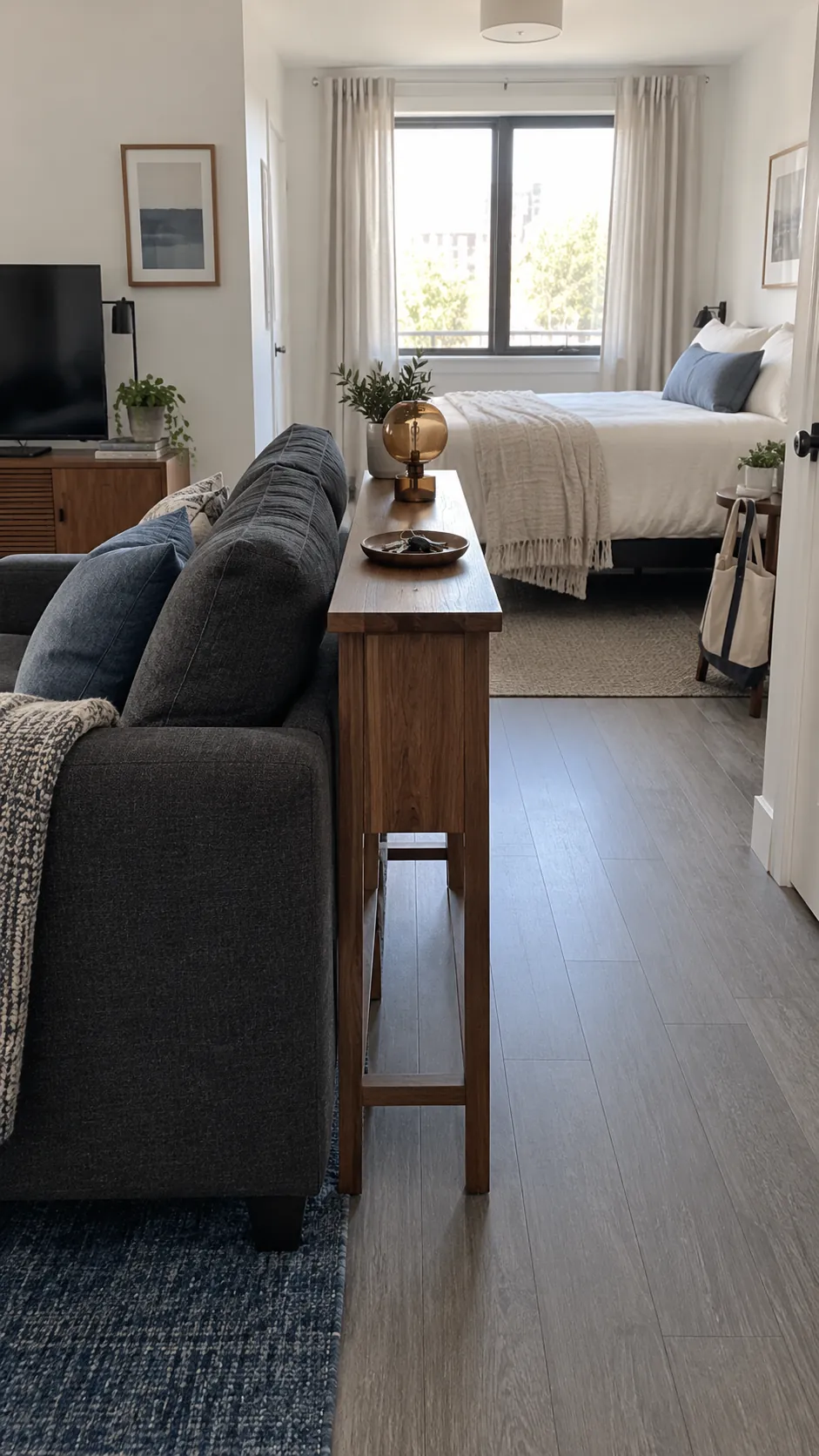Studio apartment layout with console behind a floating sofa