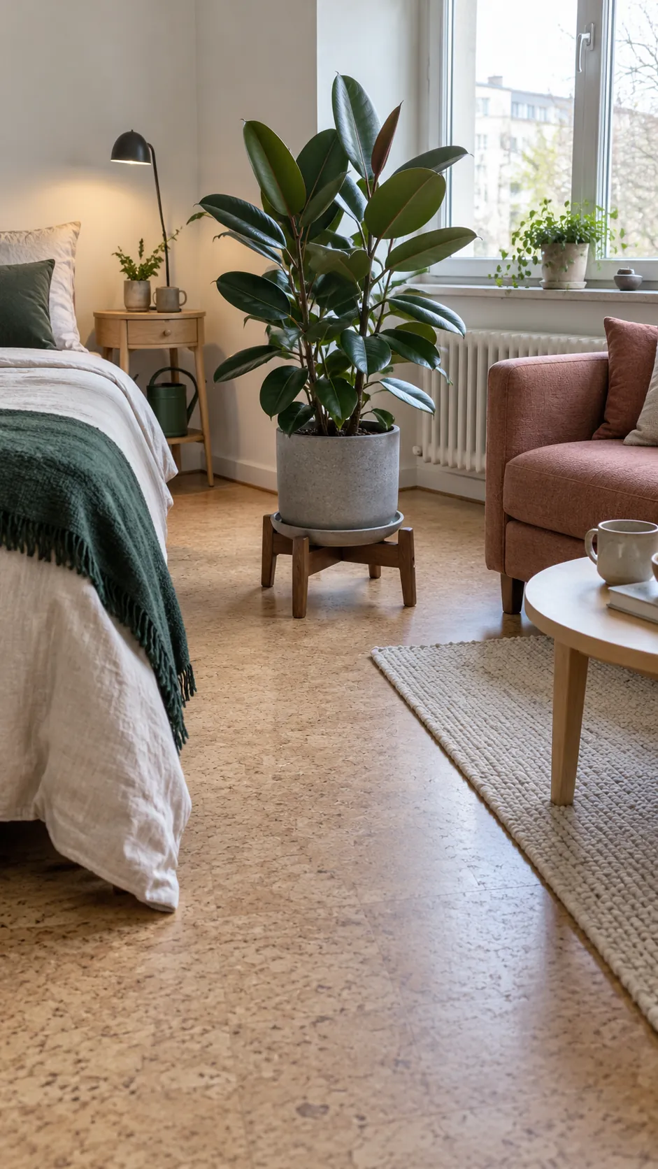 Studio apartment layout with plant stand framing the boundary