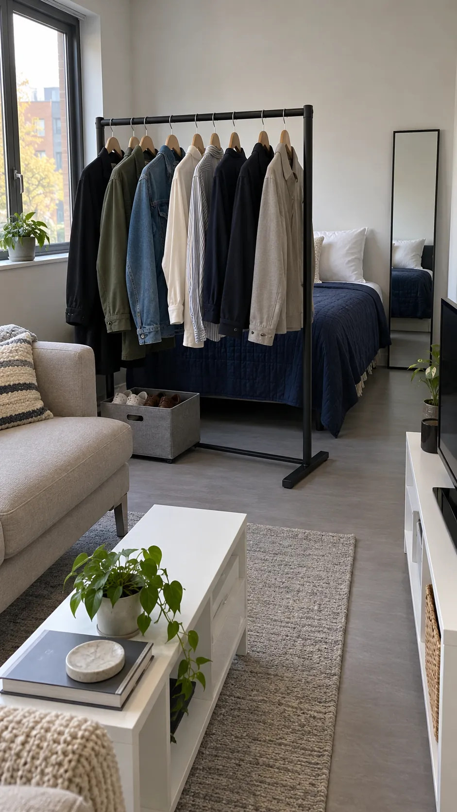Studio apartment layout with clothing rail at the sleeping edge
