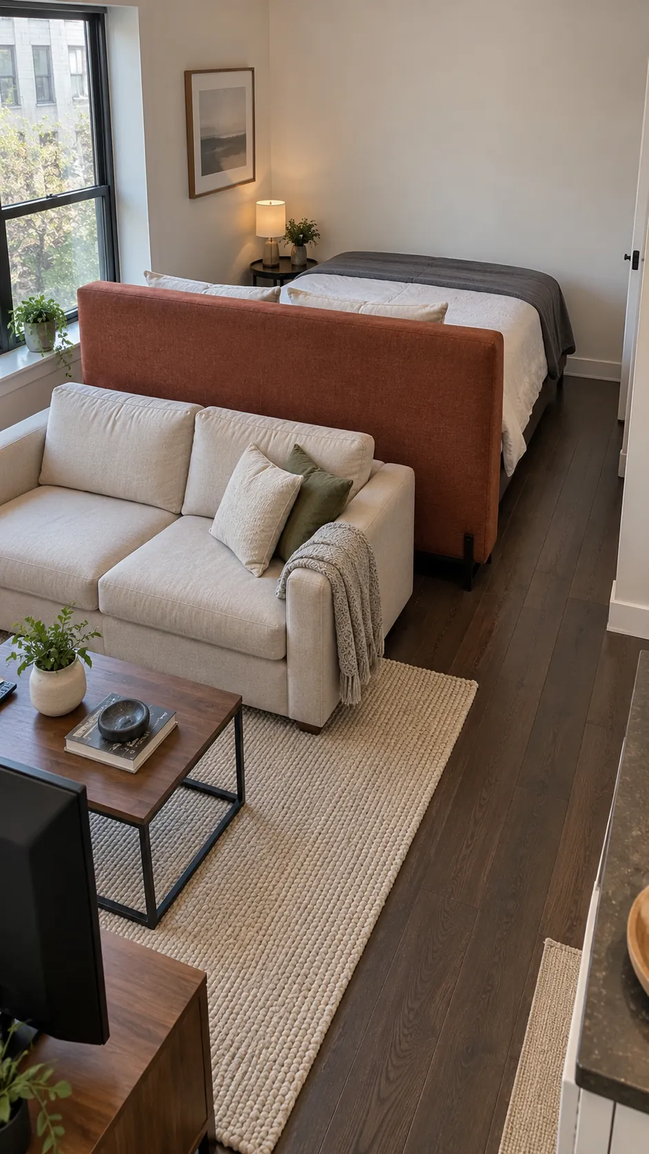 Studio apartment layout with headboard facing the living room