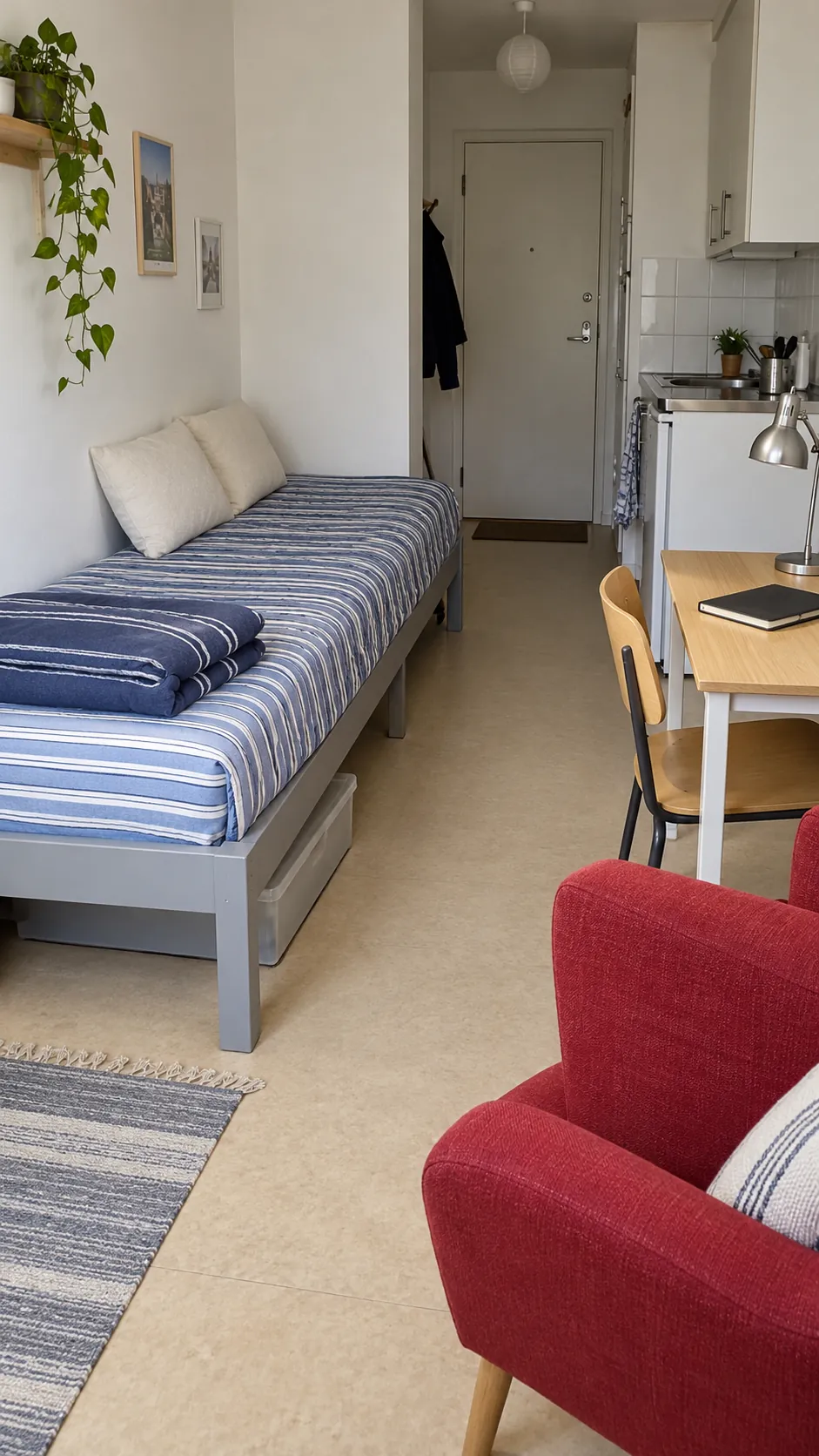 Studio apartment layout with twin bed along a side wall
