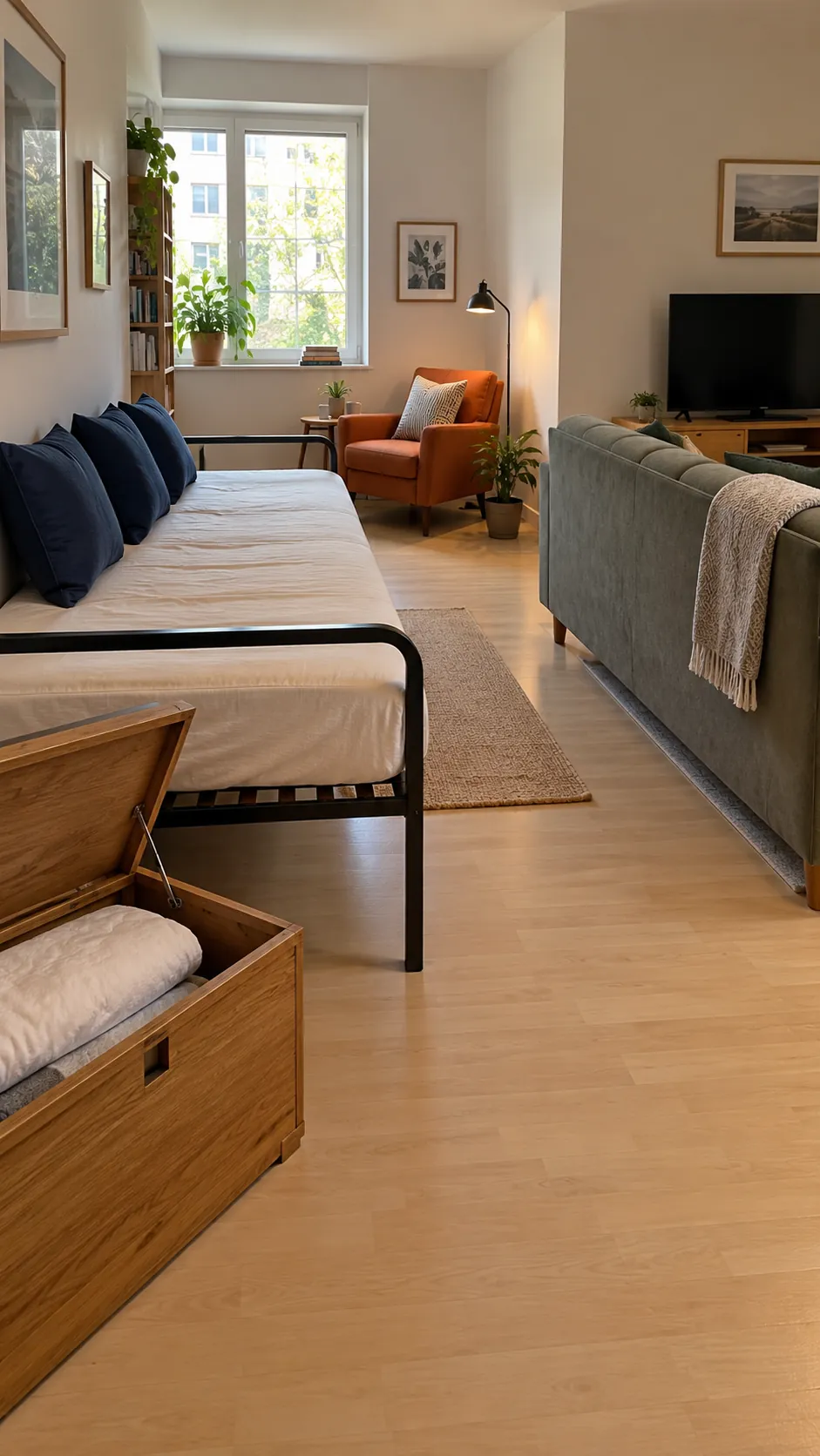 Studio apartment layout with daybed facing away from the lounge