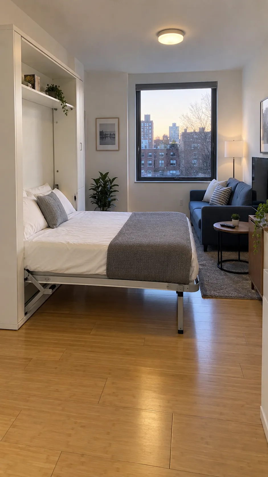 Studio apartment layout with wall bed with a dedicated seating zone