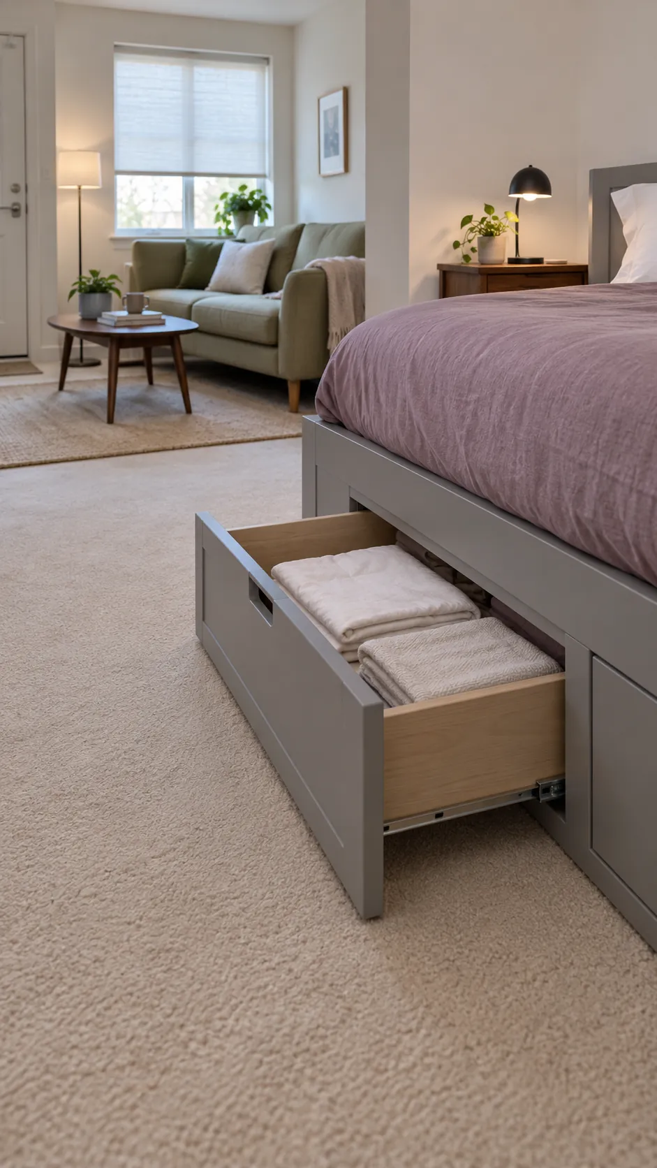 Studio apartment layout with storage bed anchoring a quiet corner