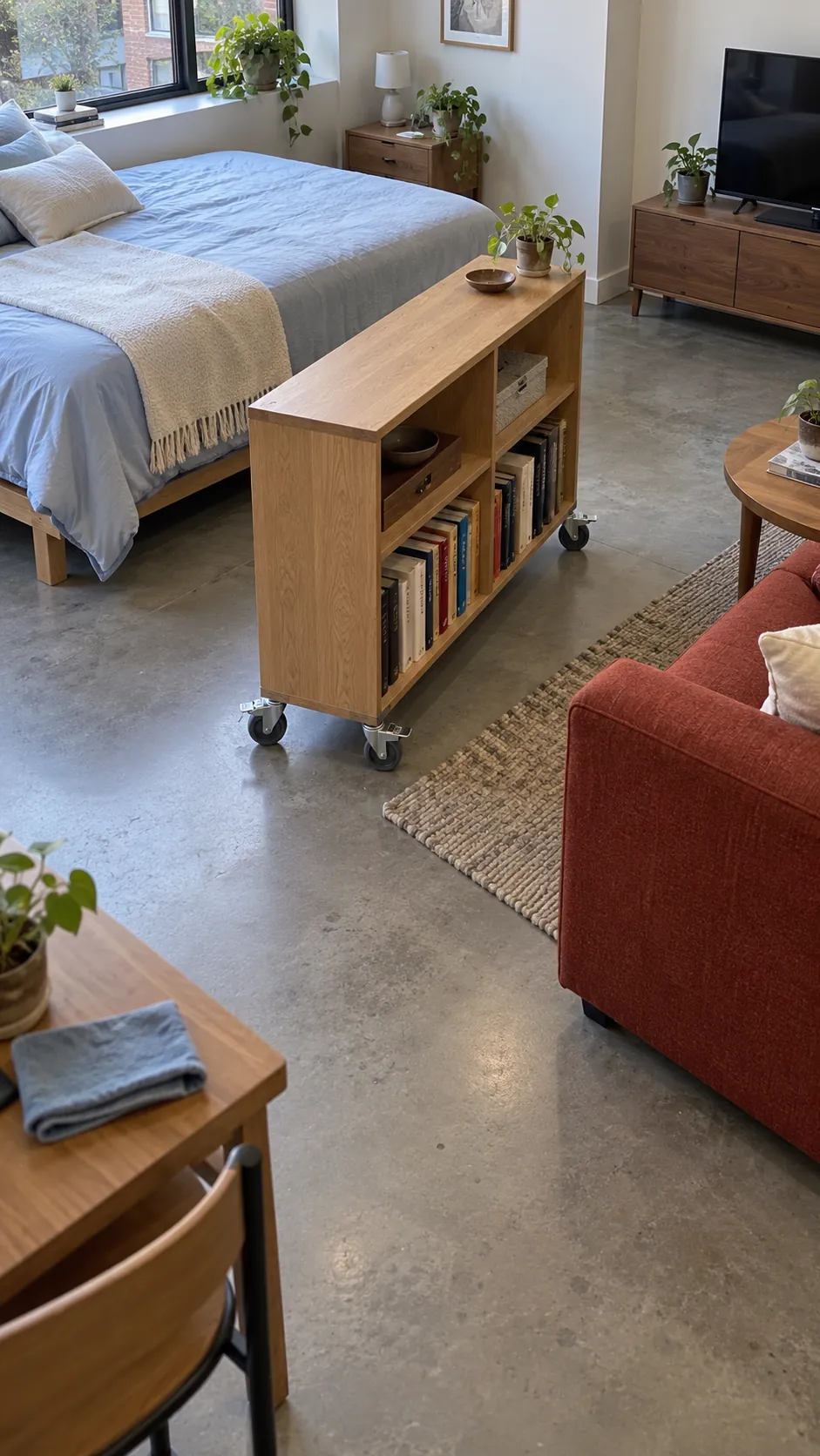 Studio apartment layout with rolling shelf for flexible privacy