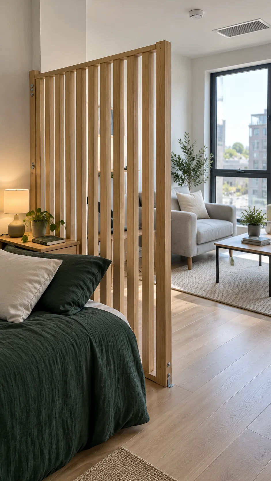 Studio apartment layout with short slatted divider at the bed head