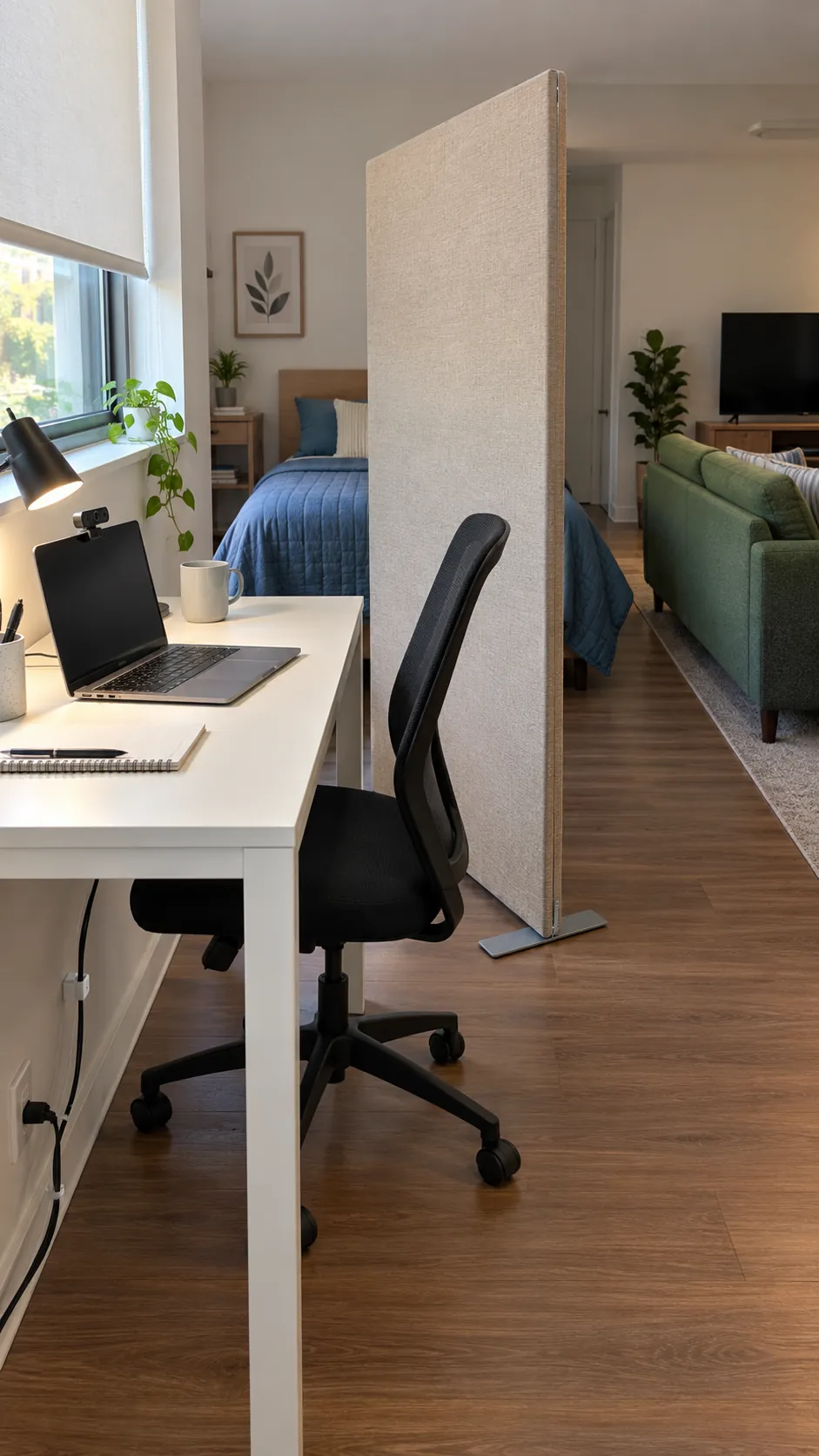 Studio apartment layout with fabric panel behind the desk