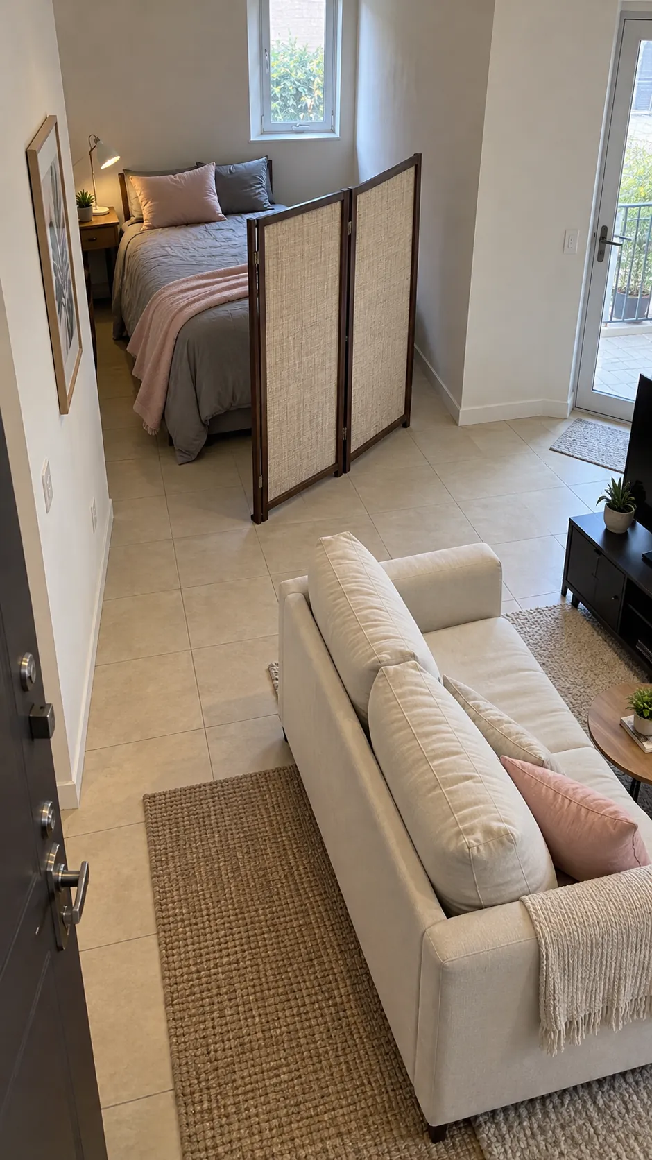 Studio apartment layout with corner bed with a diagonal screen