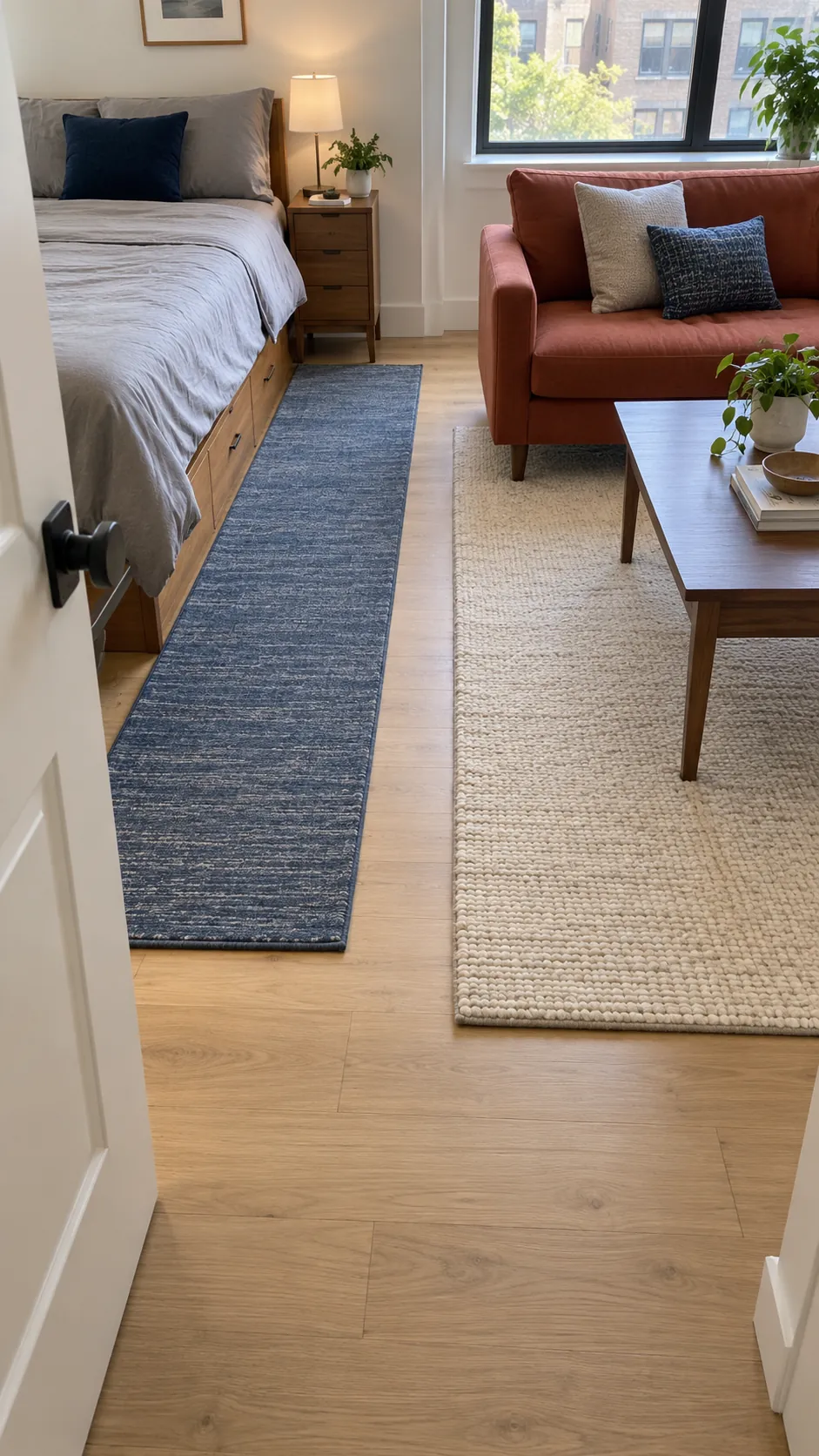 Studio apartment layout with bedroom runner beside a living rug