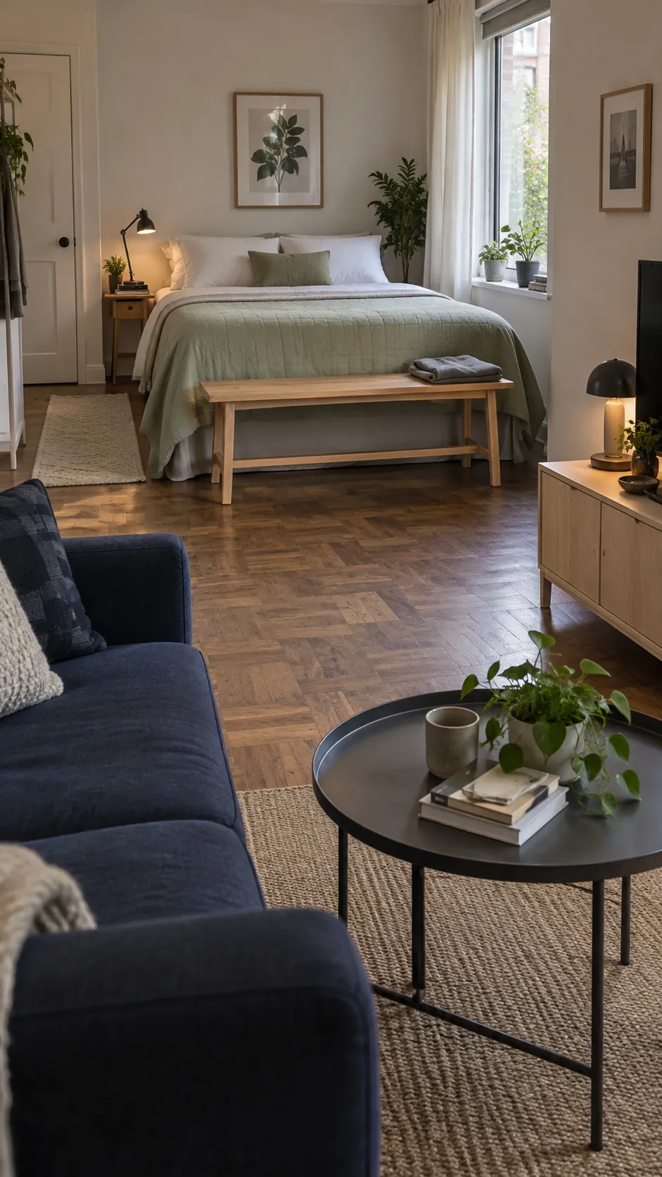Studio apartment layout with bench marking the foot of the bed