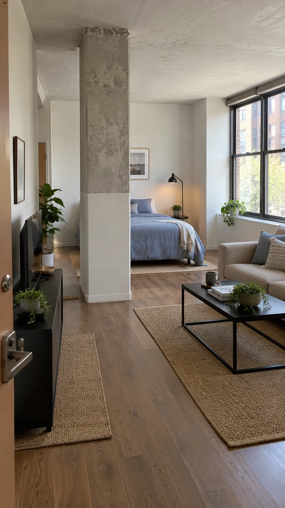 Studio apartment layout with bed behind an existing structural column