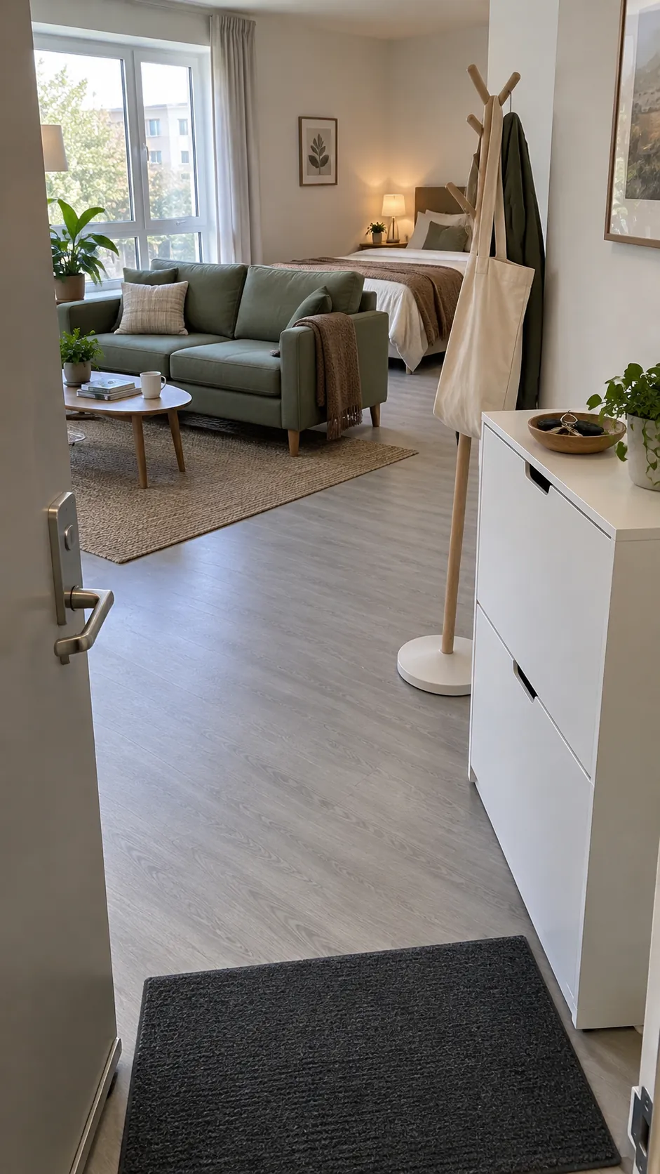 Studio apartment layout with entry storage leading into the lounge