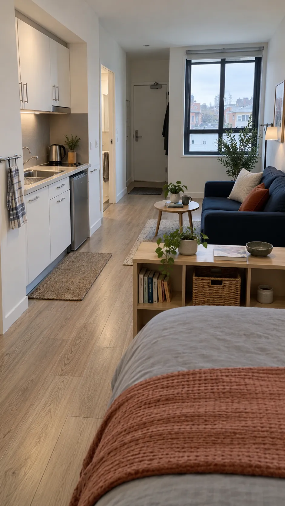 Studio apartment layout with lounge across from a recessed kitchen